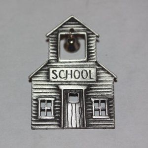 JJ Jonette Schoolhouse Dangle Bell Brooch Pin Pewter